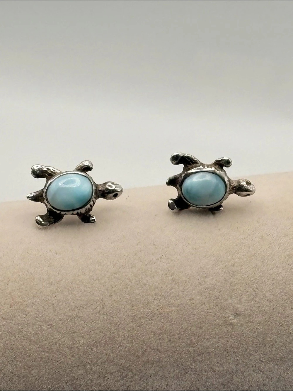 Vintage Shube’s 925 Sterling Silver Larimar Turtle Stud Earrings Southwest
